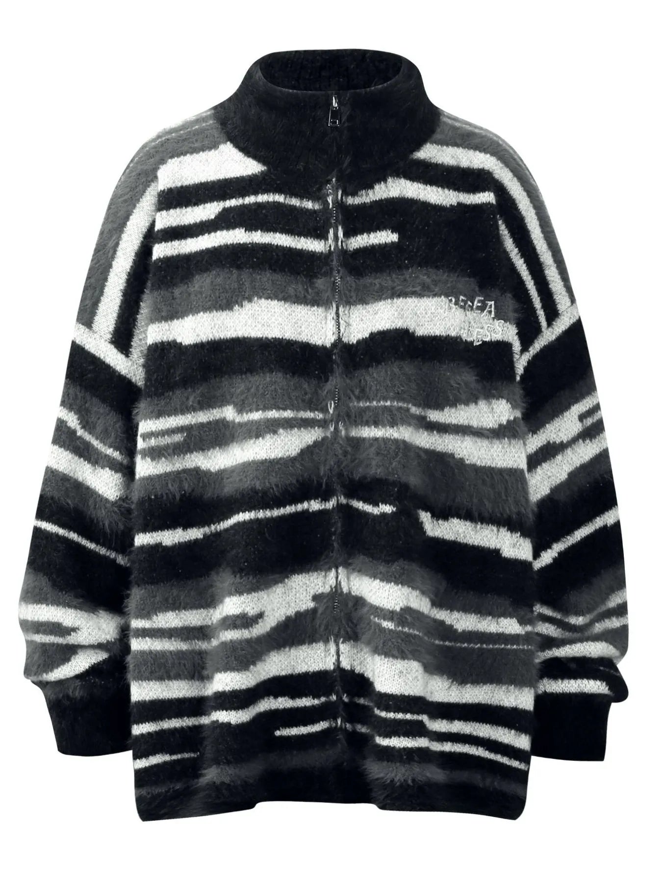Men's Striped Fuzzy Zip-Up Cardigan - Velora Luxury Fashion