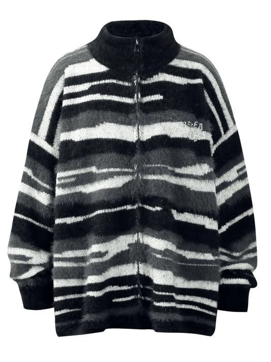 Men's Striped Fuzzy Zip-Up Cardigan - Velora Luxury Fashion