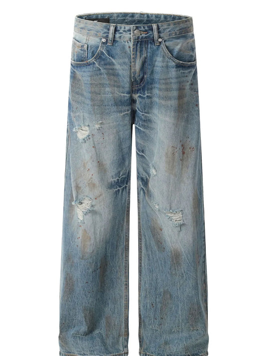 Men's Vintage Distressed Wide Leg Denim Jeans - Velora Luxury Fashion