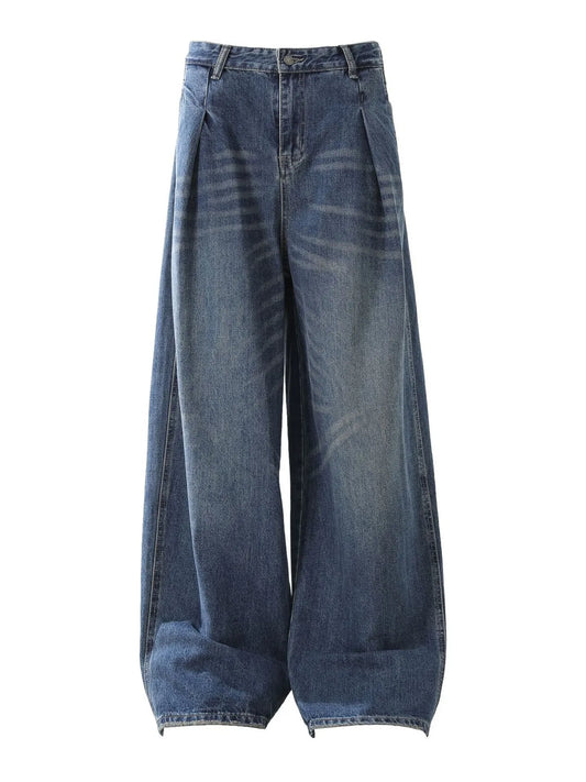 Men's Washed Wide Leg Pleated Jeans - Velora Luxury Fashion