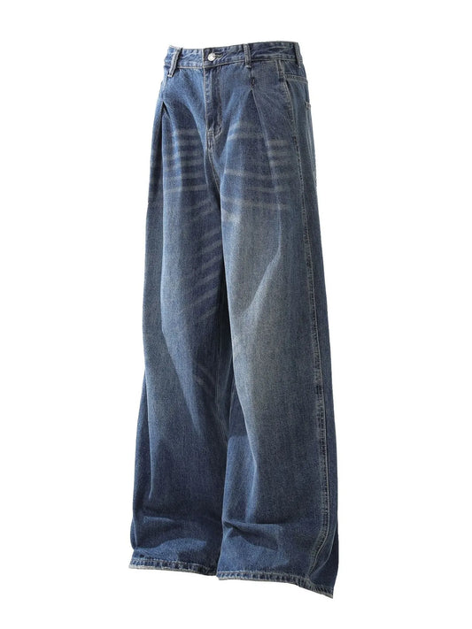 Men's Washed Wide Leg Pleated Jeans - Velora Luxury Fashion