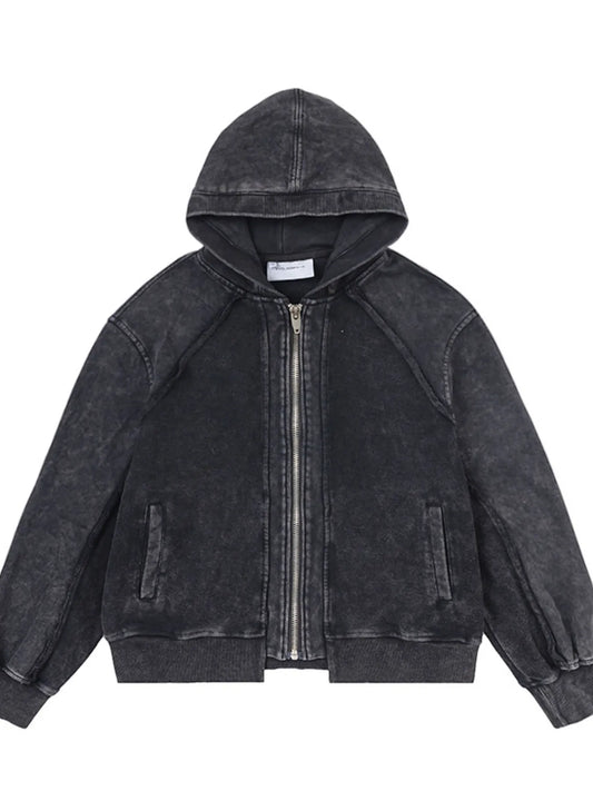 Men's Washed Zip-Up Hoodie with Pockets - Velora Luxury Fashion