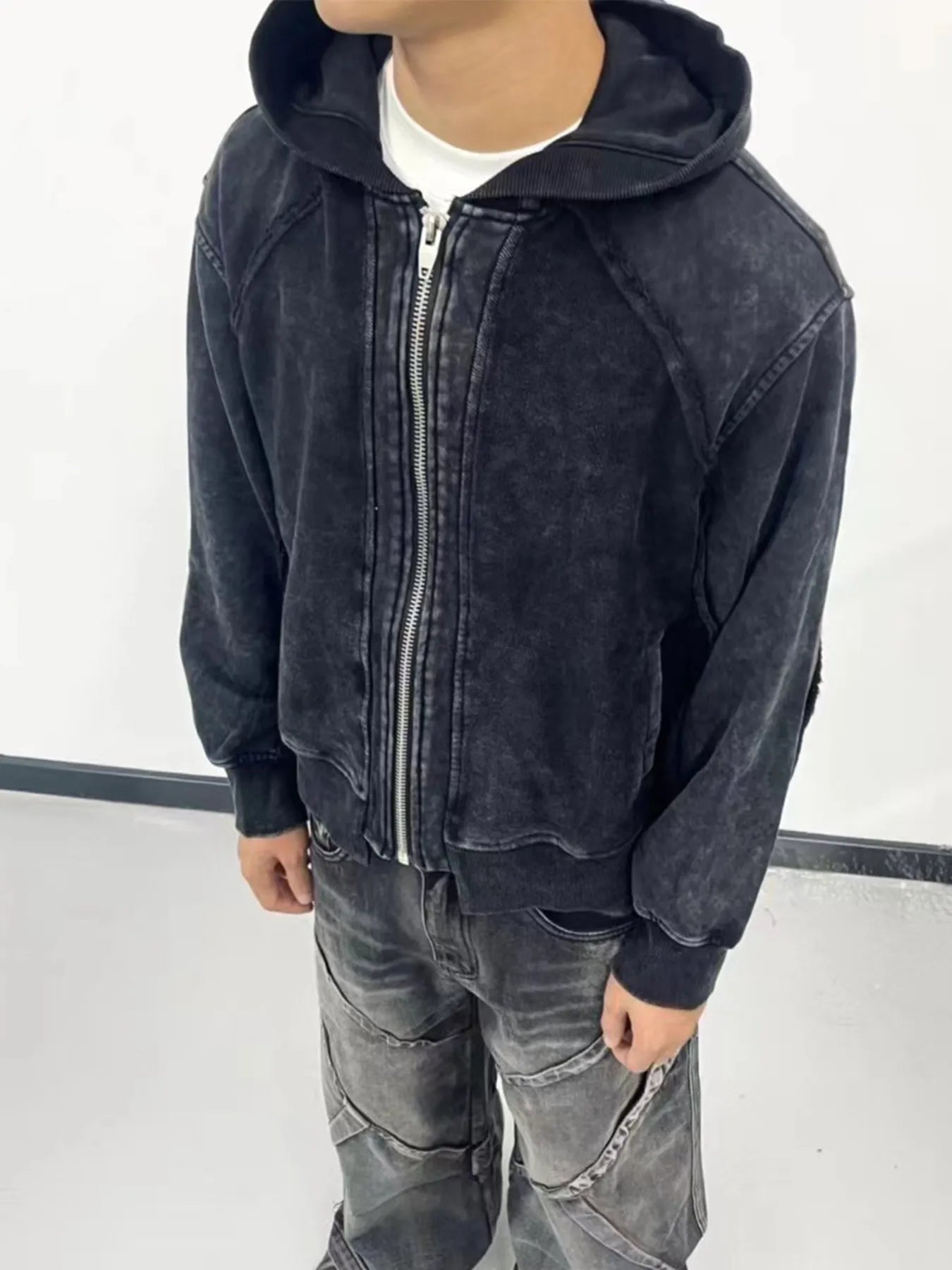 Men's Washed Zip-Up Hoodie with Pockets - Velora Luxury Fashion