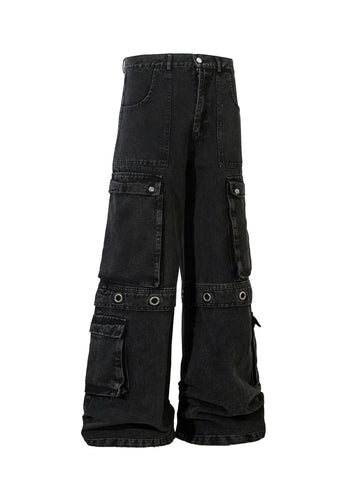 Men's Wide Leg Cargo Denim Jeans with Multi Pockets - Velora Luxury Fashion