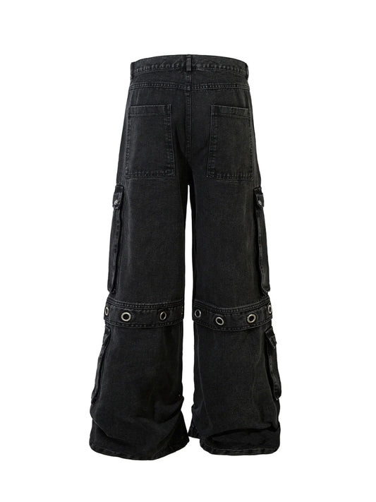 Men's Wide Leg Cargo Denim Jeans with Multi Pockets - Velora Luxury Fashion