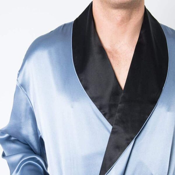 Men's Mulberry Silk Robe Twilight Blue with Black Collar - Velora