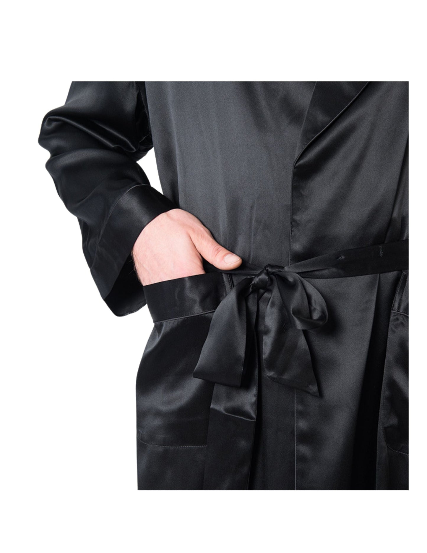 Men's Mulberry Silk Robe Black with Twilight Blue Collar - Velora