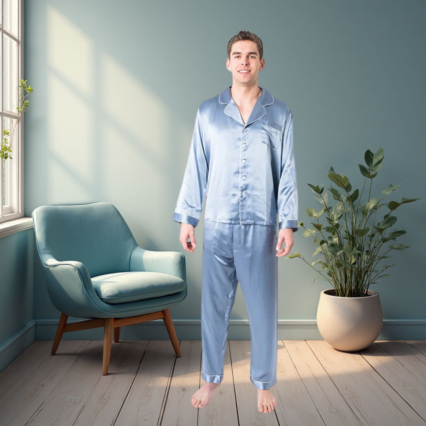 Men's Mulberry Silk Pajama Set Twilight Blue Forsters Finery