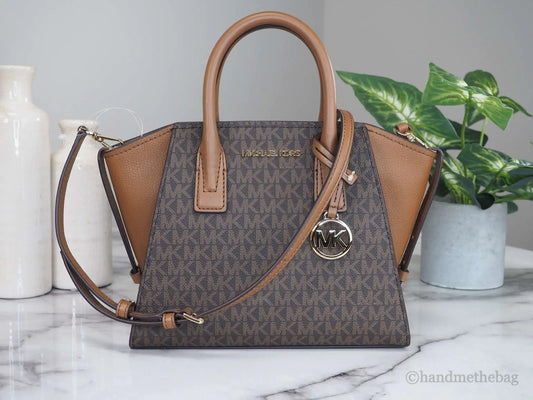 Michael Kors Avril Brown Signature PVC Leather Small Top Zip Satchel Convertible Handbag - Velora Luxury Fashion