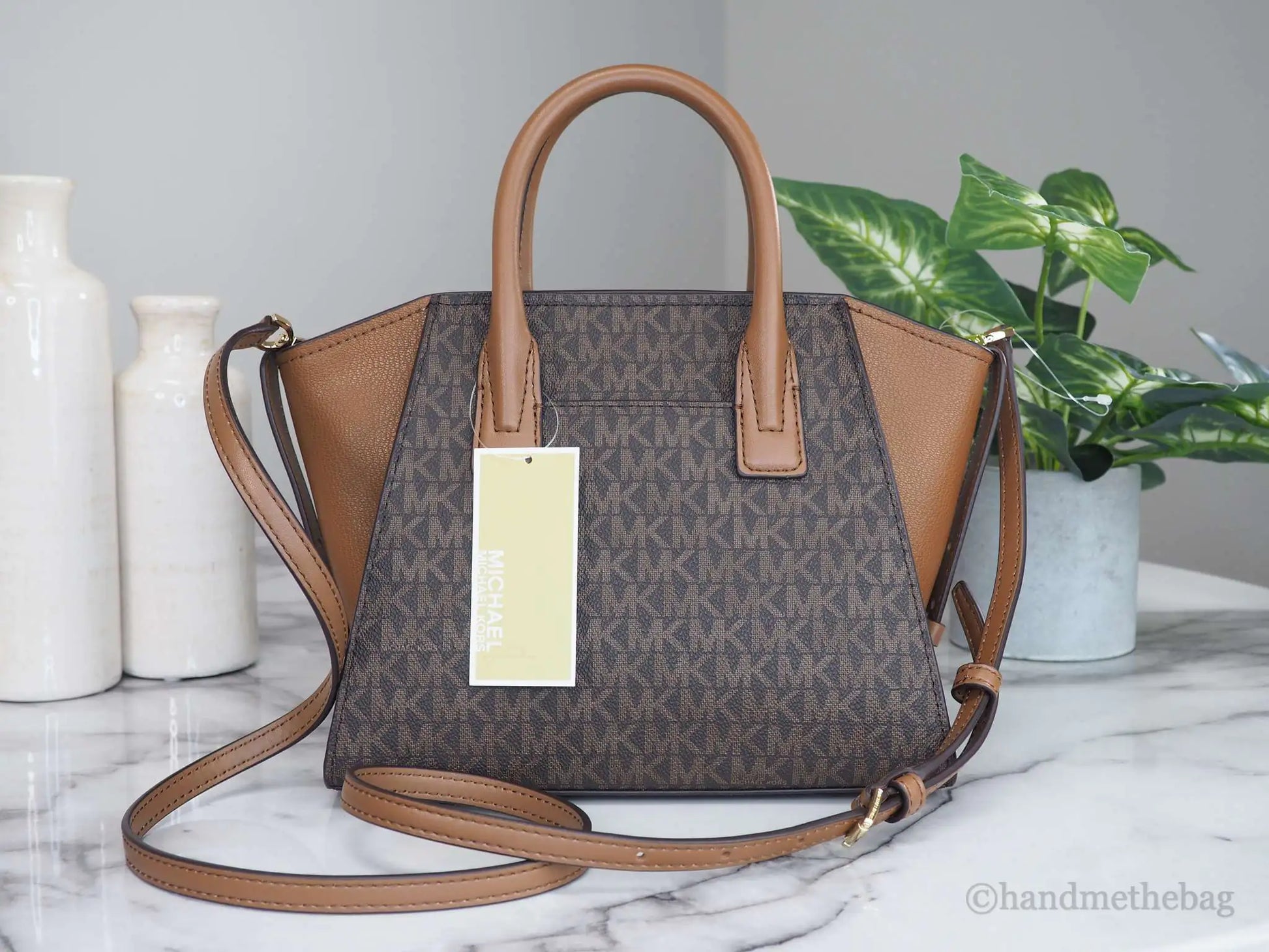 Michael Kors Avril Brown Signature PVC Leather Small Top Zip Satchel Convertible Handbag - Velora Luxury Fashion