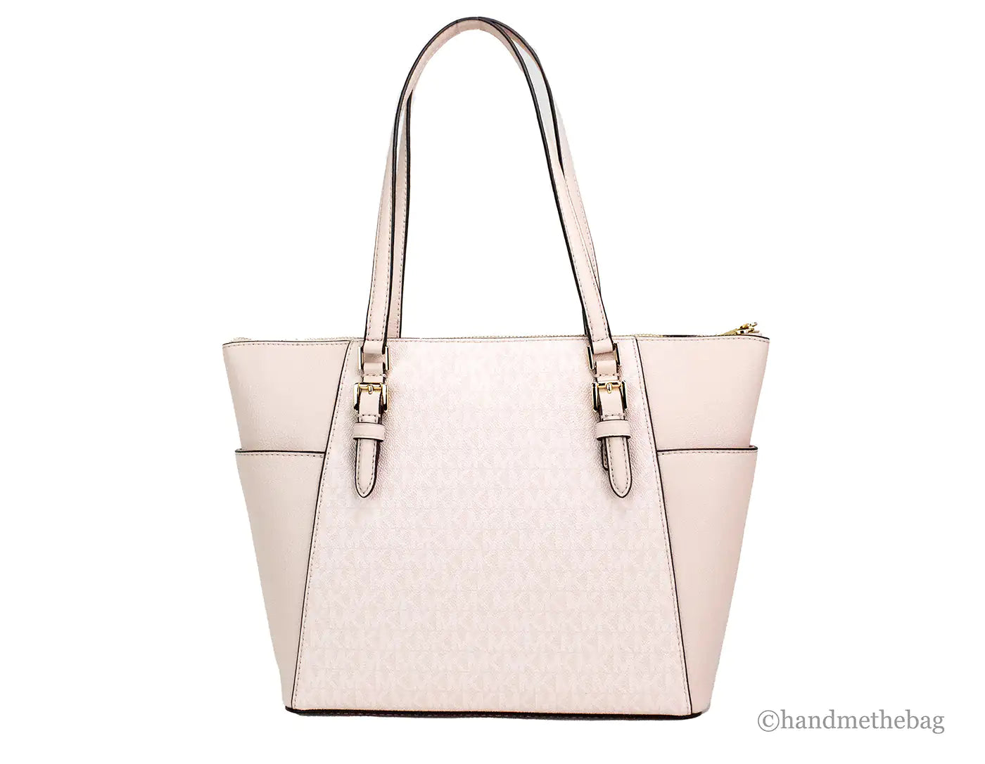 Michael Kors Charlotte Large Light Powder Blush Signature PVC Top Zip Tote Handbag - Velora Luxury Fashion