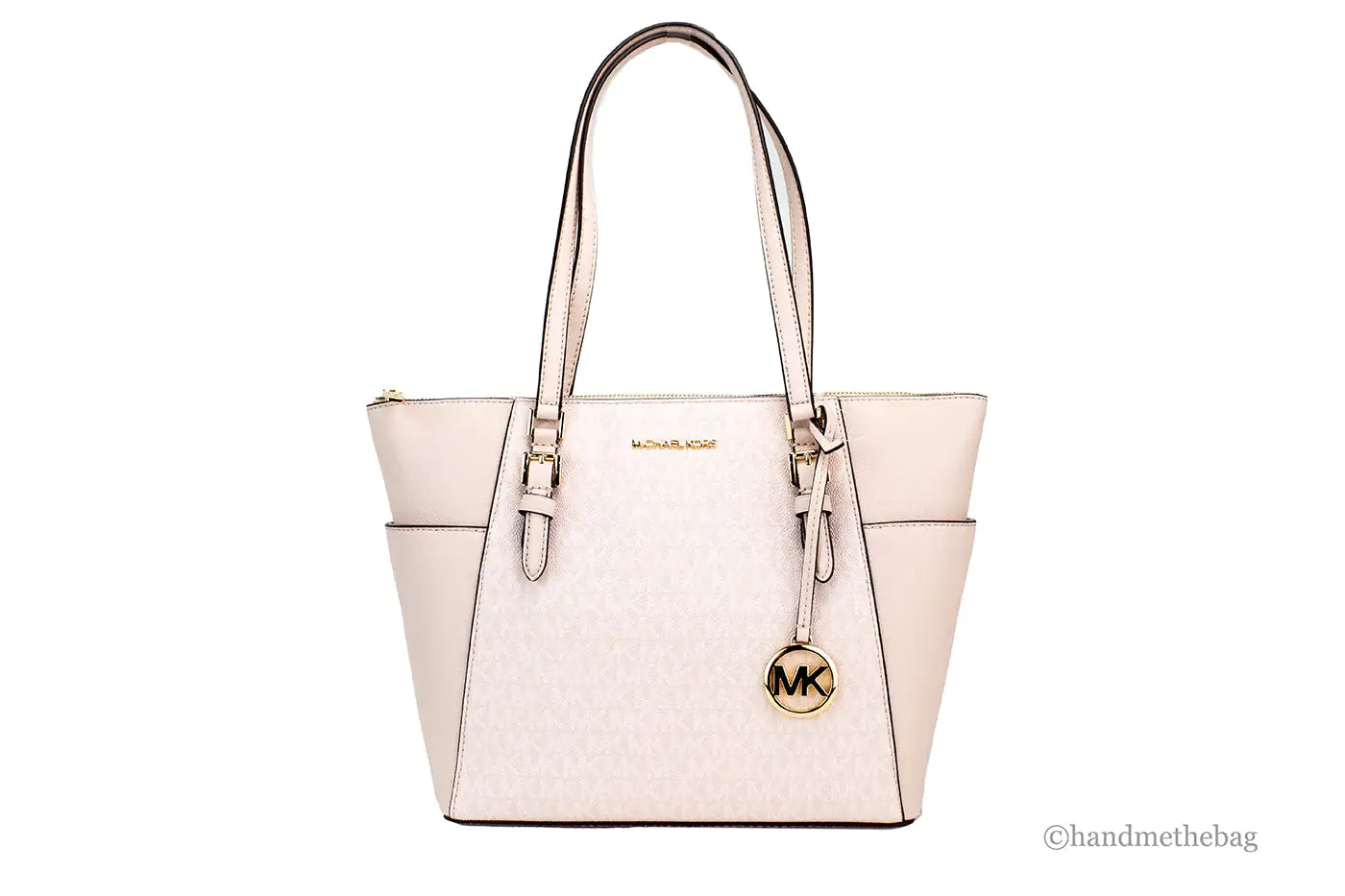 Michael Kors Charlotte Large Light Powder Blush Signature PVC Top Zip Tote Handbag - Velora Luxury Fashion