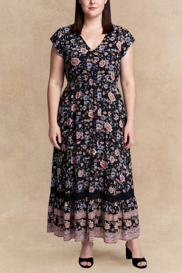 Michelle Floral Maxi Dress V-Neck Cap Sleeves