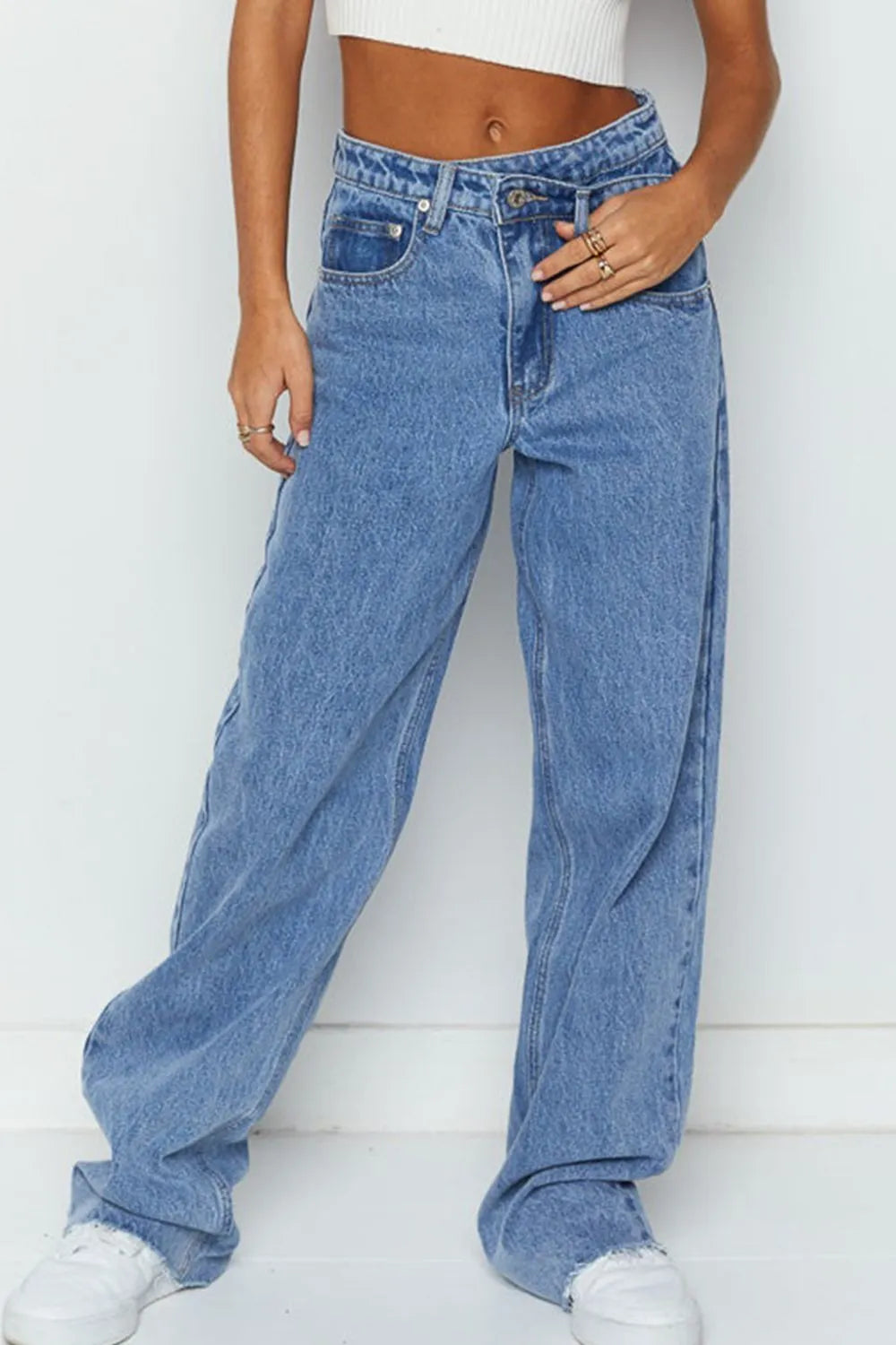 Mid Rise Asymmetrical Waist Wide Leg Jeans - Velora Luxury Fashion