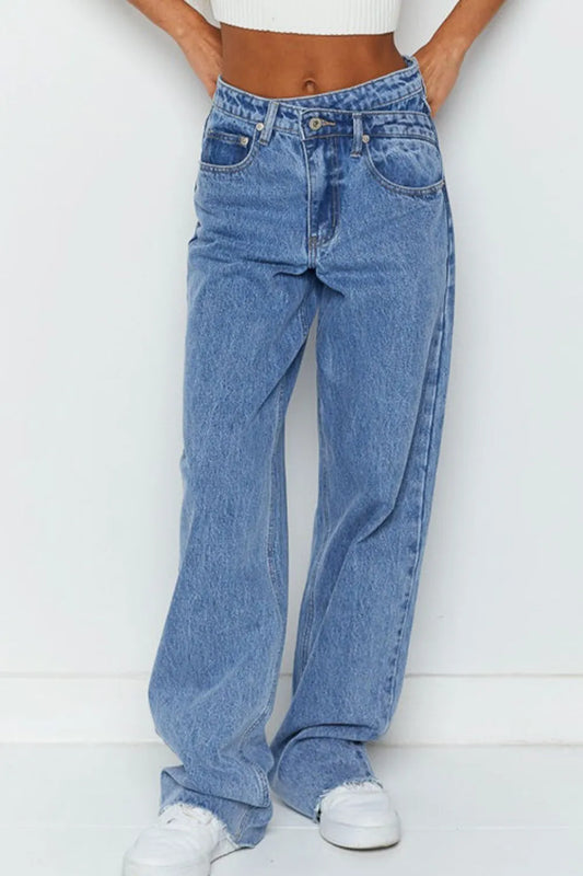 Mid Rise Asymmetrical Waist Wide Leg Jeans - Velora Luxury Fashion