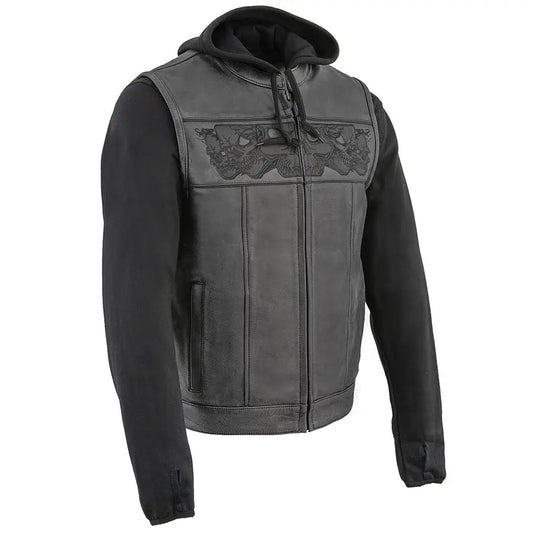 Milwaukee Leather Men's Black Leather Vest with Reflective Skulls & Full Hoodie Liner - Velora Luxury Fashion