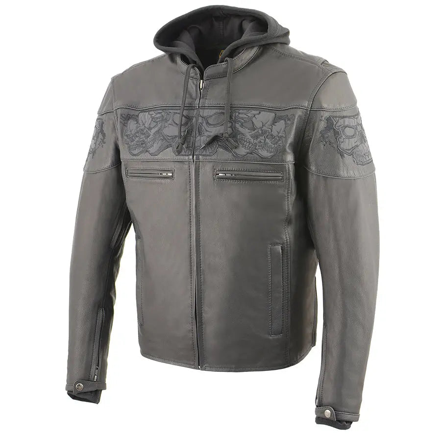 Milwaukee Leather Men's Crossover Scooter Jacket w/ Reflective Skulls & Full Sleeve Removable Hoodie - Velora Luxury Fashion