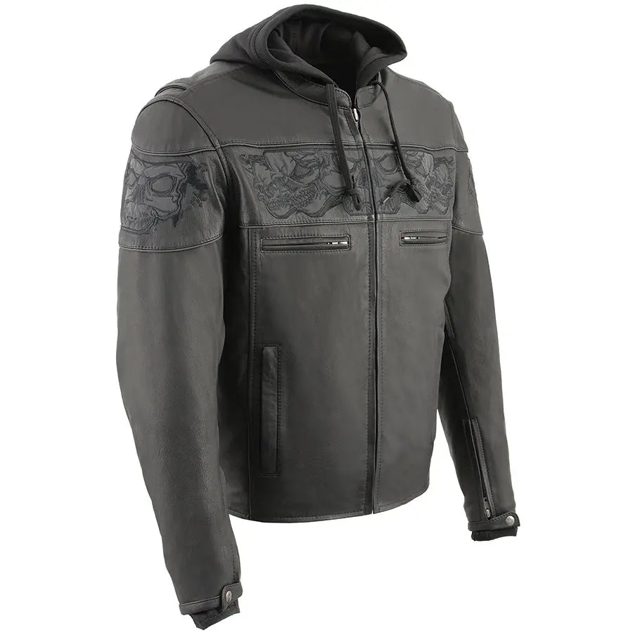 Milwaukee Leather Men's Crossover Scooter Jacket w/ Reflective Skulls & Full Sleeve Removable Hoodie - Velora Luxury Fashion