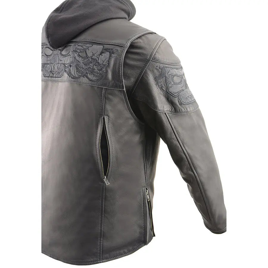 Milwaukee Leather Men's Crossover Scooter Jacket w/ Reflective Skulls & Full Sleeve Removable Hoodie - Velora Luxury Fashion