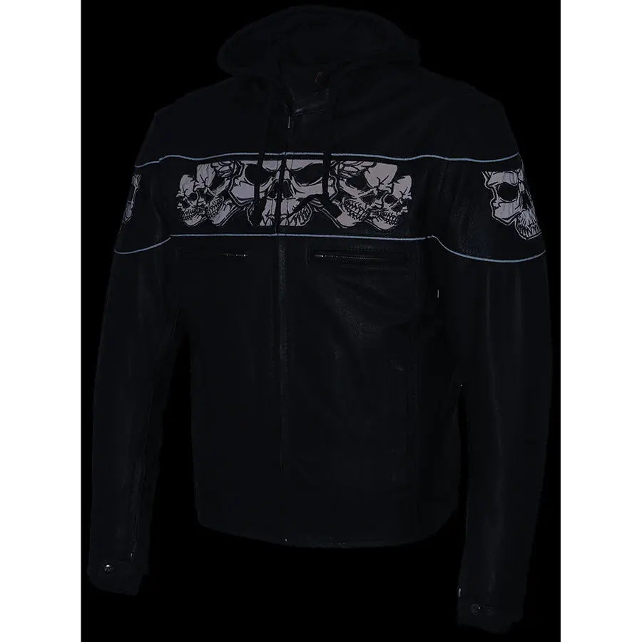 Milwaukee Leather Men's Crossover Scooter Jacket w/ Reflective Skulls & Full Sleeve Removable Hoodie - Velora Luxury Fashion