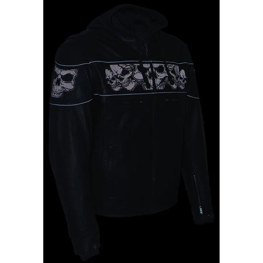 Milwaukee Leather Men's Crossover Scooter Jacket w/ Reflective Skulls & Full Sleeve Removable Hoodie - Velora Luxury Fashion