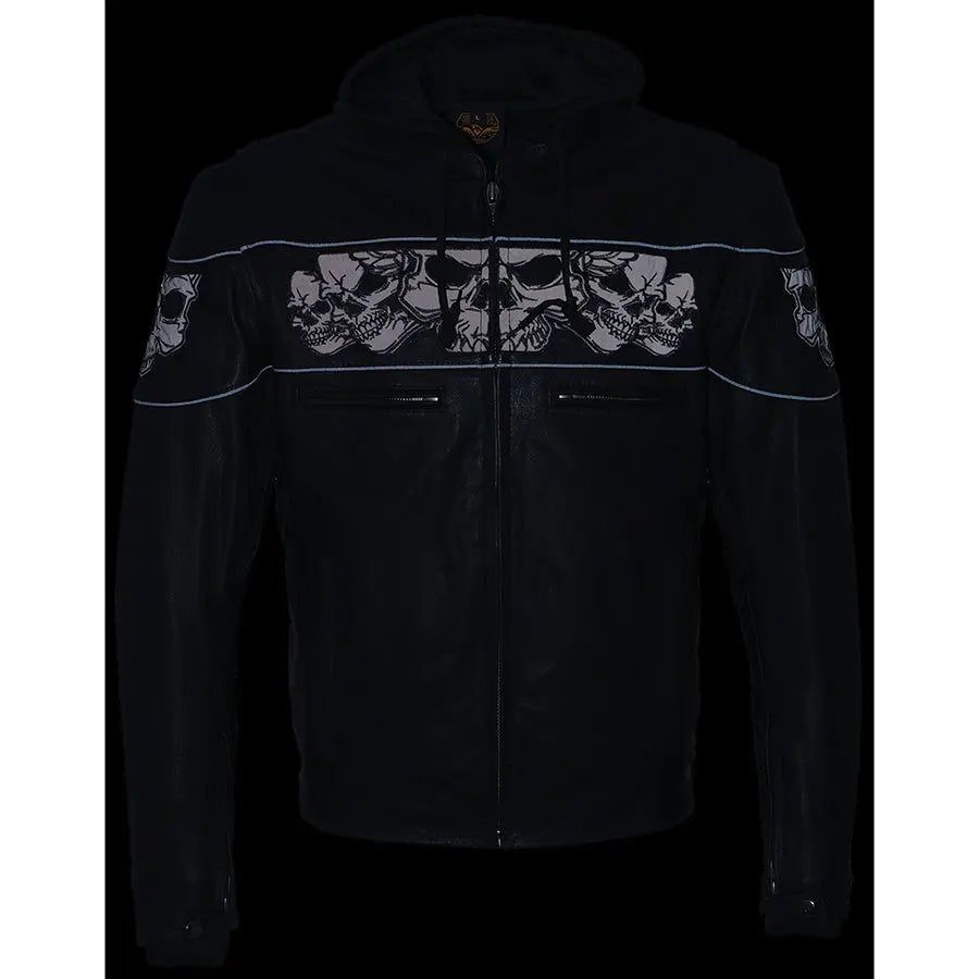 Milwaukee Leather Men's Crossover Scooter Jacket w/ Reflective Skulls & Full Sleeve Removable Hoodie - Velora Luxury Fashion