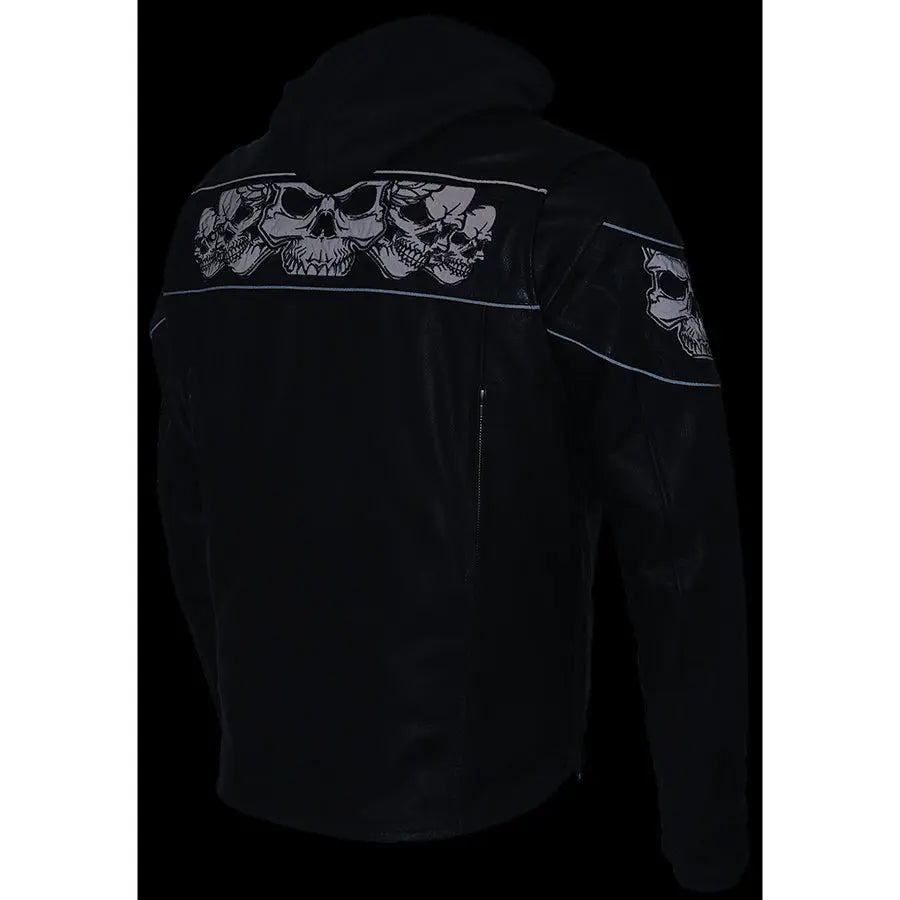 Milwaukee Leather Men's Crossover Scooter Jacket w/ Reflective Skulls & Full Sleeve Removable Hoodie - Velora Luxury Fashion