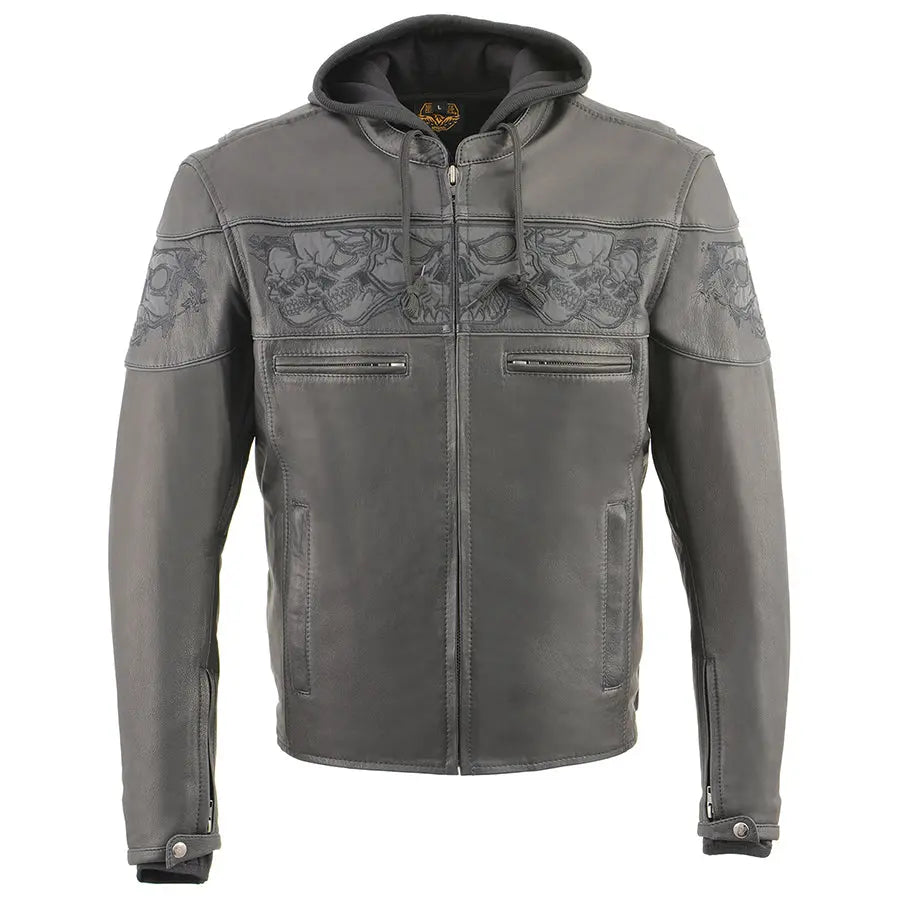 Milwaukee Leather Men's Crossover Scooter Jacket w/ Reflective Skulls & Full Sleeve Removable Hoodie - Velora Luxury Fashion
