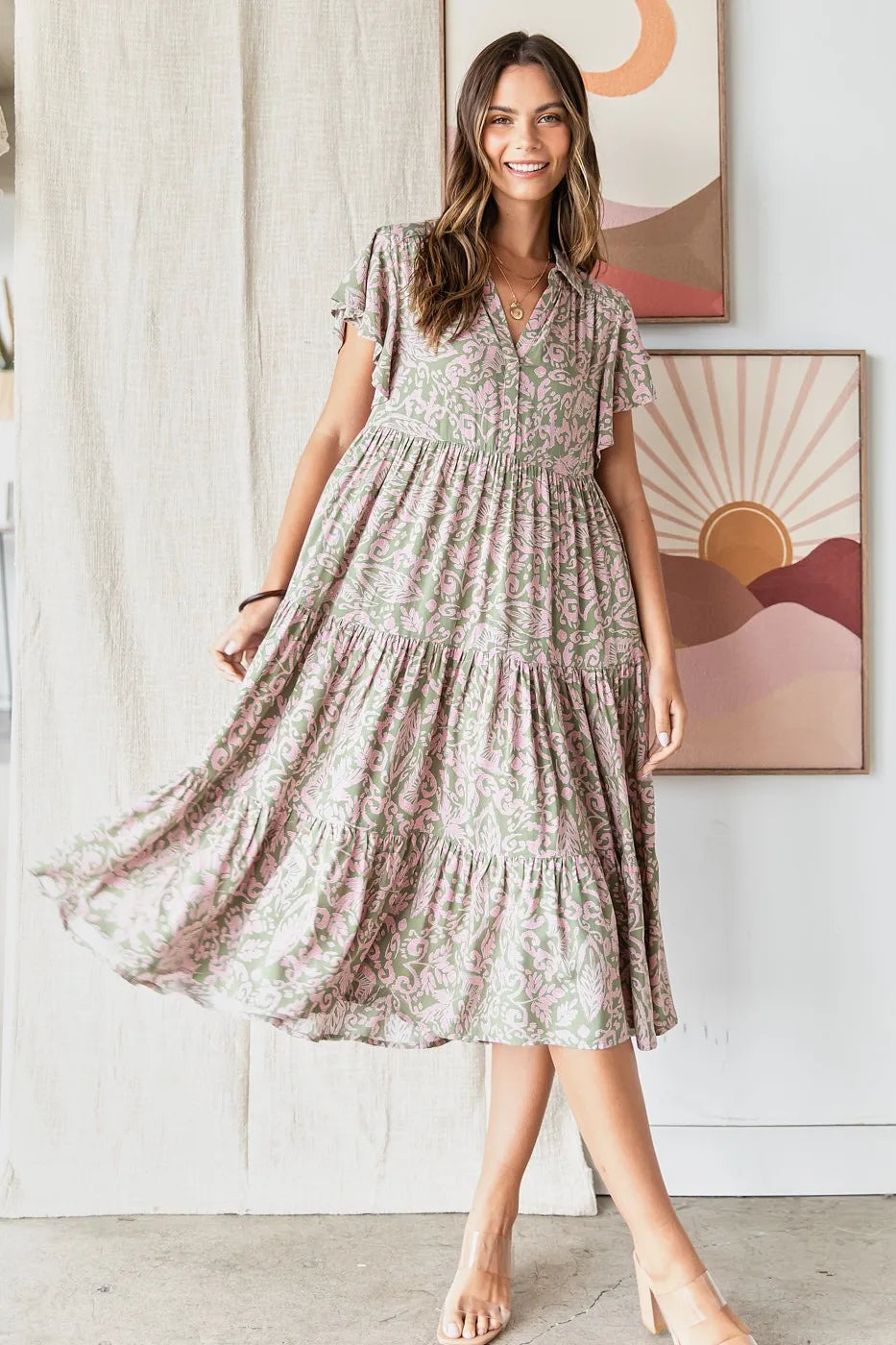 Mittoshop Abstract Print Ruffle Tier Midi Dress - Velora Luxury Fashion