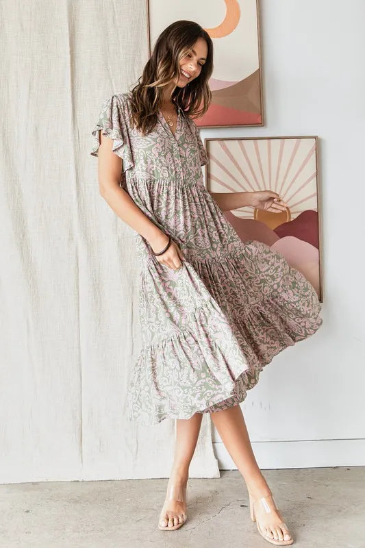 Mittoshop Abstract Print Ruffle Tier Midi Dress - Velora Luxury Fashion