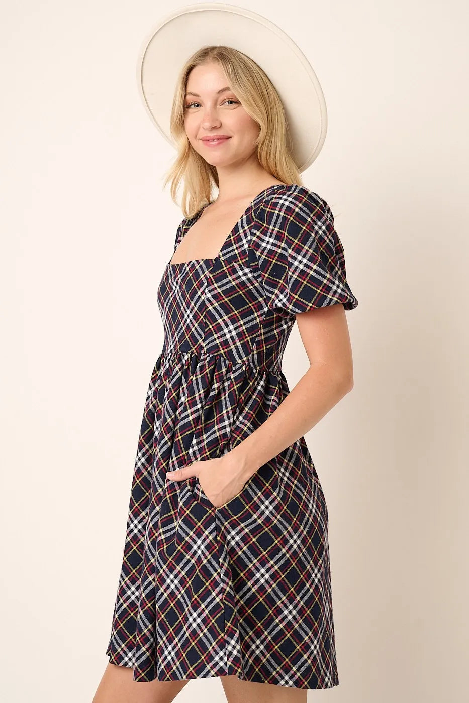 Mittoshop Checkered Print Puff Sleeve Babydoll Mini Dress - Velora Luxury Fashion