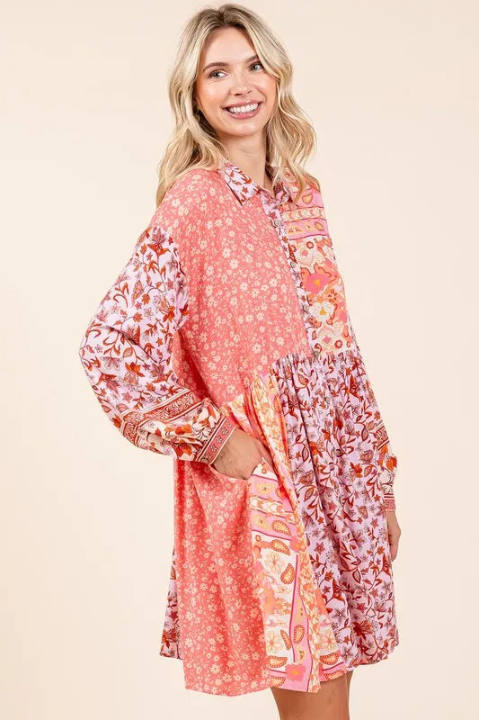 Mittoshop Floral Button Detail Long Sleeve Shirt Dress - Velora Luxury Fashion