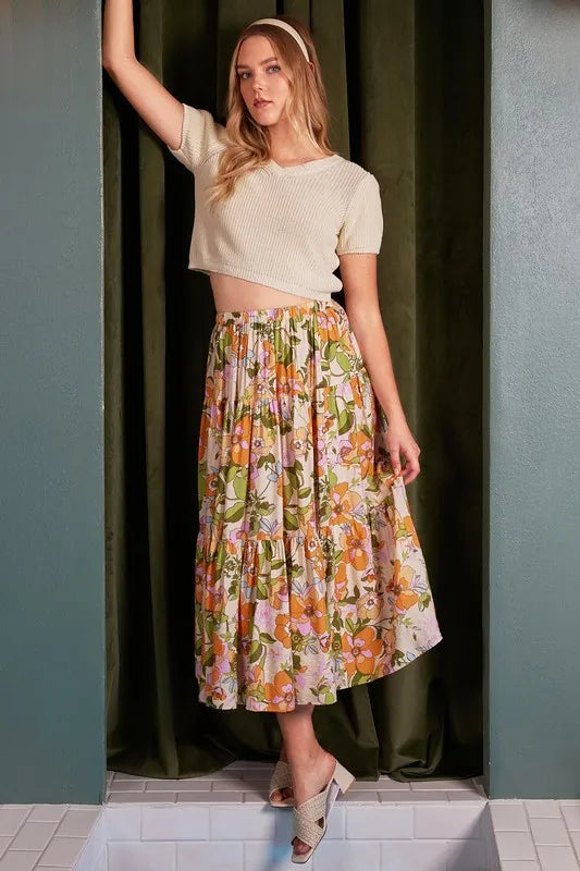Mittoshop Flower Print Elastic Waist Tiered Skirt - Velora Luxury Fashion