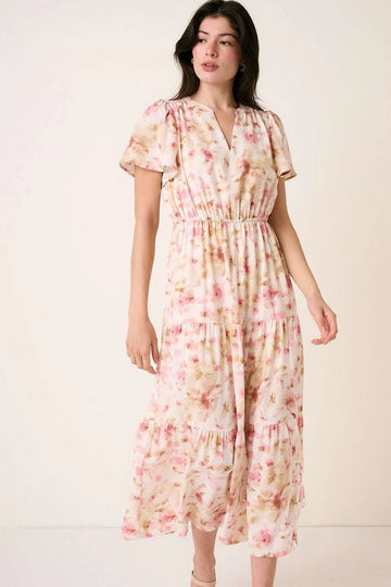 Mittoshop Flower Print Flutter Sleeve V Slit Maxi Dress - Velora Luxury Fashion