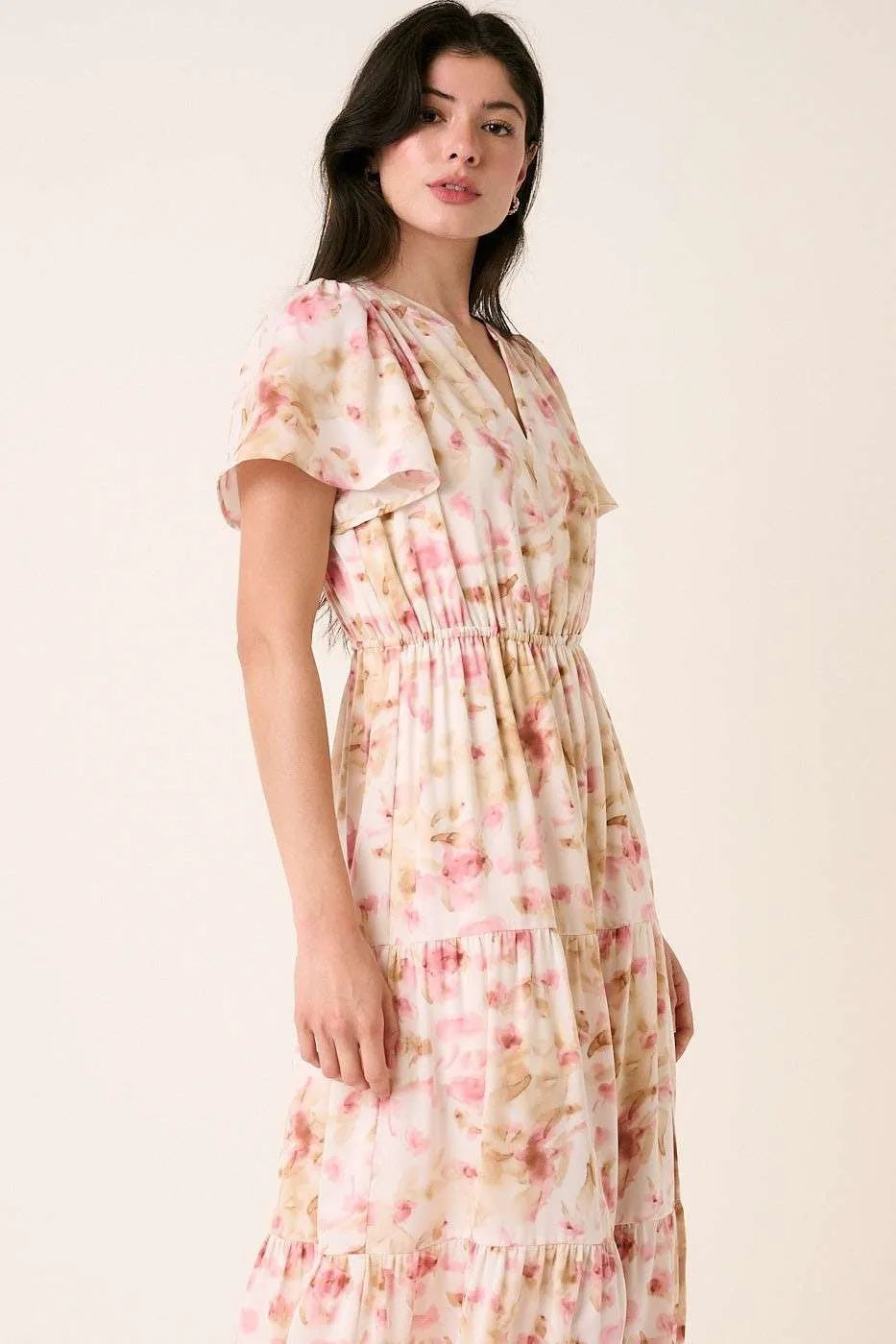 Mittoshop Flower Print Flutter Sleeve V Slit Maxi Dress - Velora Luxury Fashion