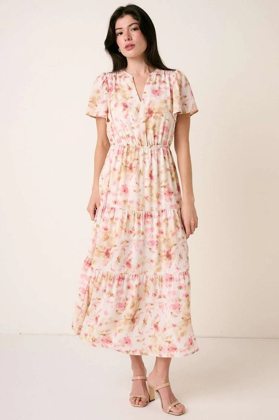 Mittoshop Flower Print Flutter Sleeve V Slit Maxi Dress - Velora Luxury Fashion