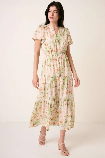 Mittoshop Flower Print Flutter Sleeve V Slit Maxi Dress - Velora Luxury Fashion