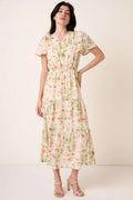 Mittoshop Flower Print Flutter Sleeve V Slit Maxi Dress - Velora Luxury Fashion