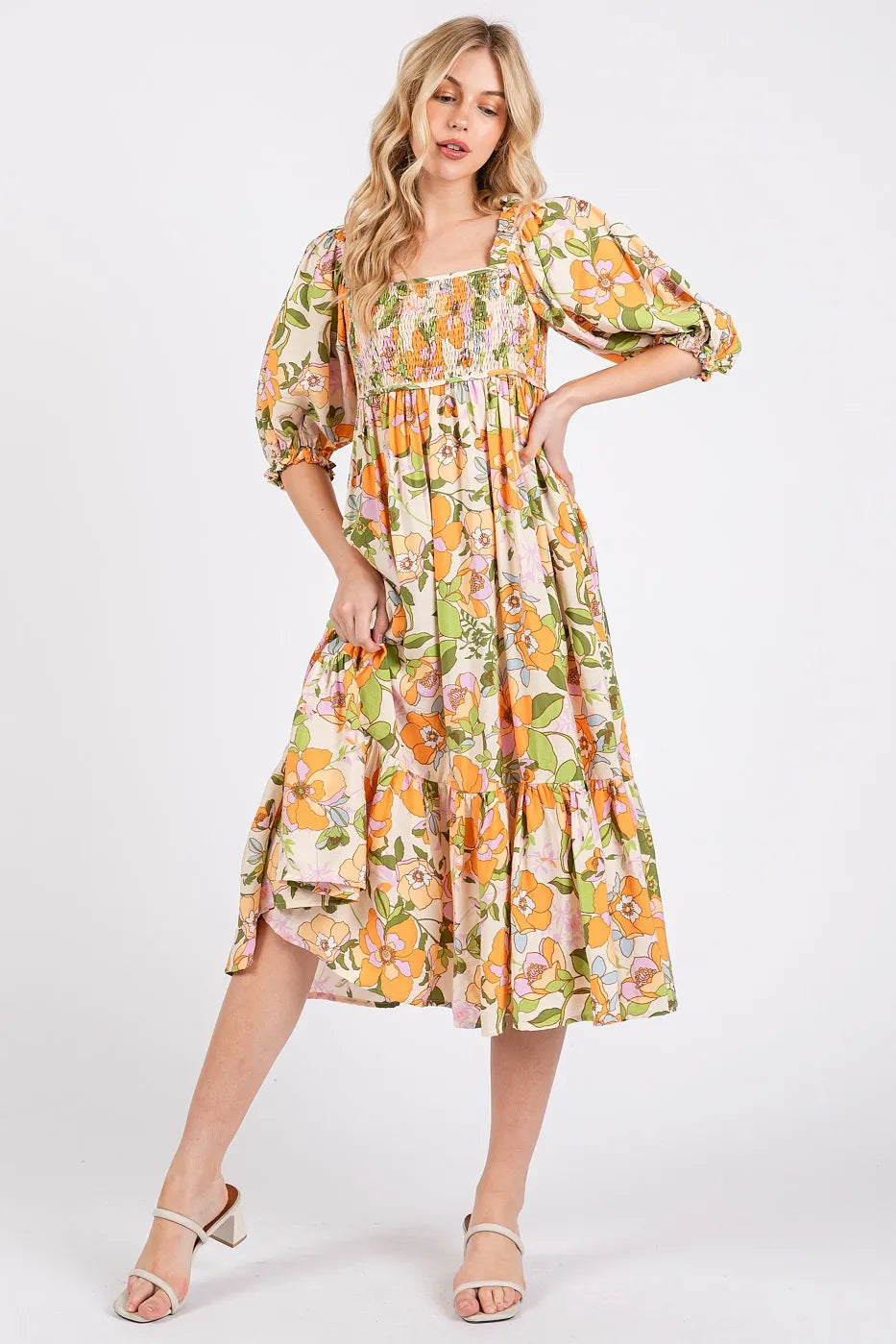 Mittoshop Flower Print Puff Sleeve Ruffle Smocked Midi Dress - Velora Luxury Fashion
