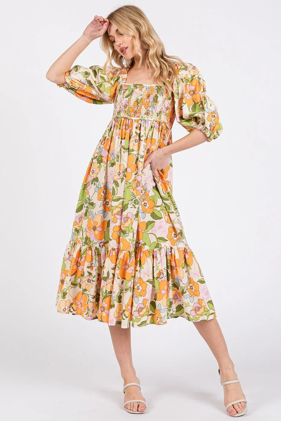 Mittoshop Flower Print Puff Sleeve Ruffle Smocked Midi Dress - Velora Luxury Fashion