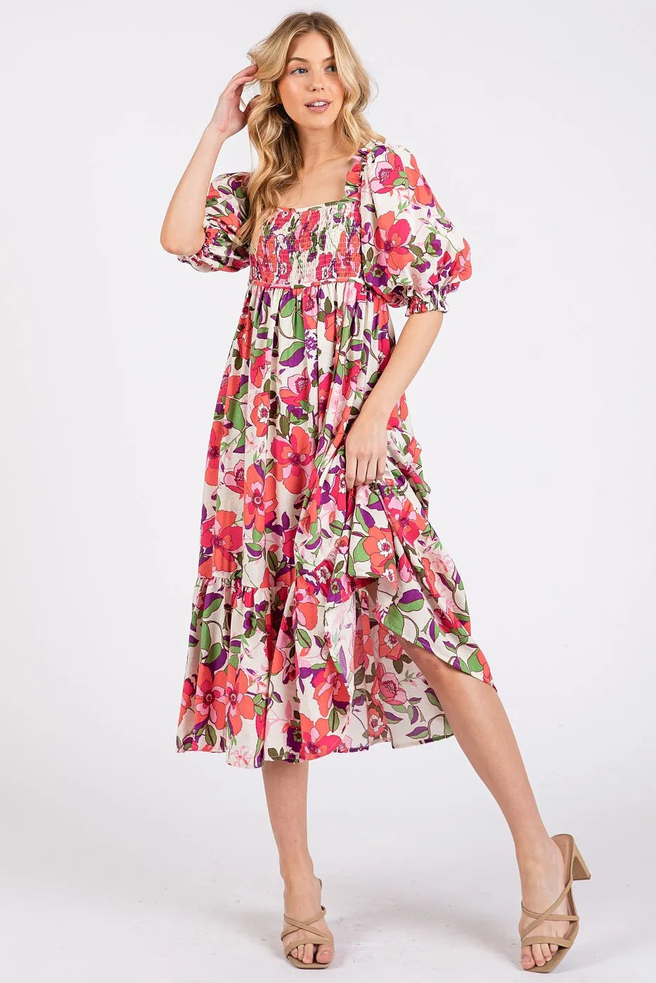 Mittoshop Flower Print Puff Sleeve Ruffle Smocked Midi Dress - Velora Luxury Fashion