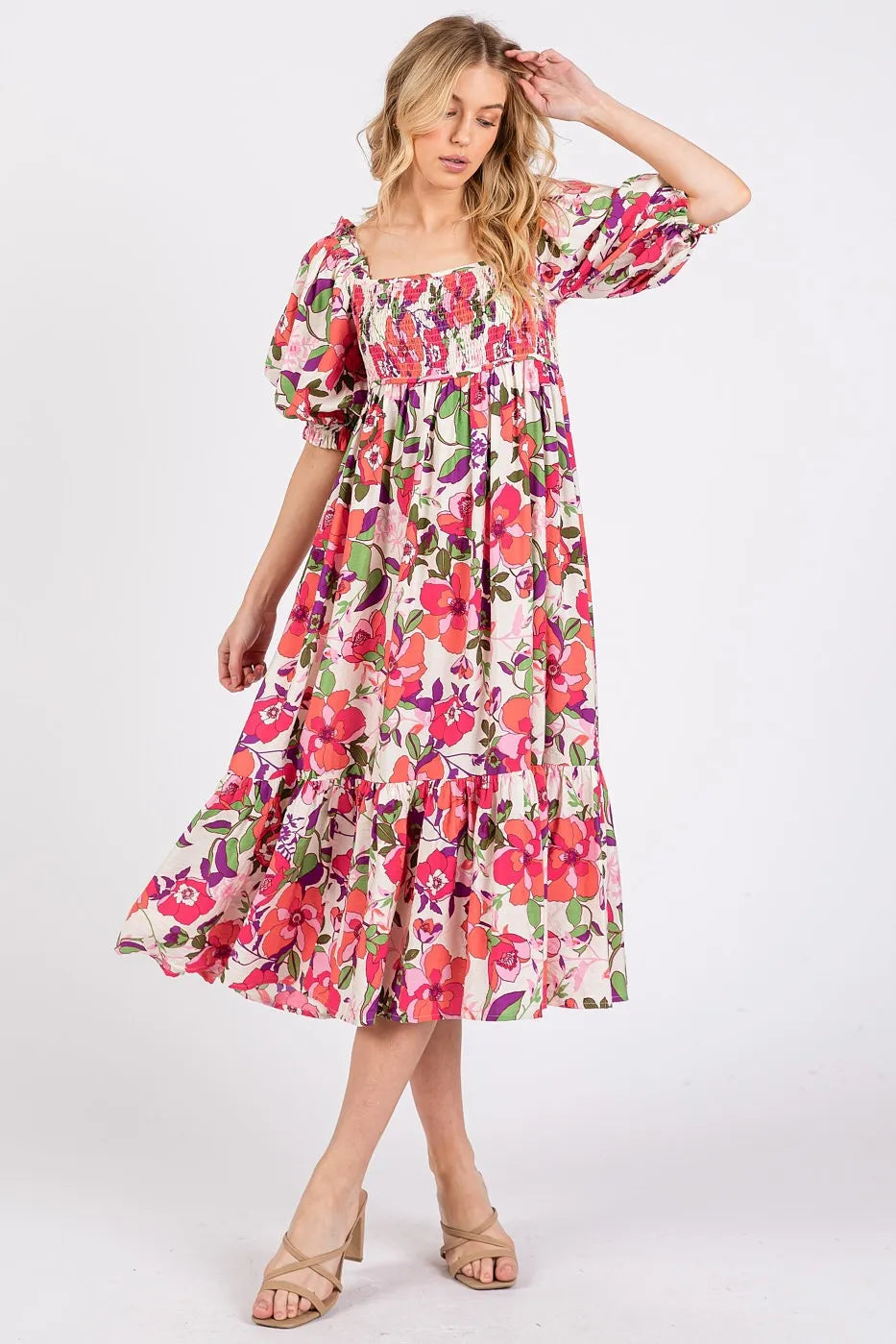 Mittoshop Flower Print Puff Sleeve Ruffle Smocked Midi Dress - Velora Luxury Fashion
