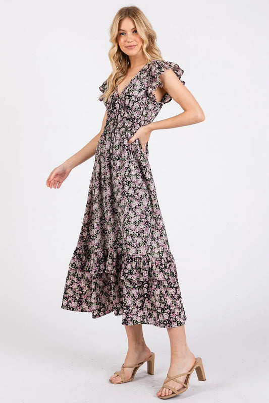 Mittoshop Flower Print Ruffle Cap Sleeve V-neck Midi Dress - Velora Luxury Fashion