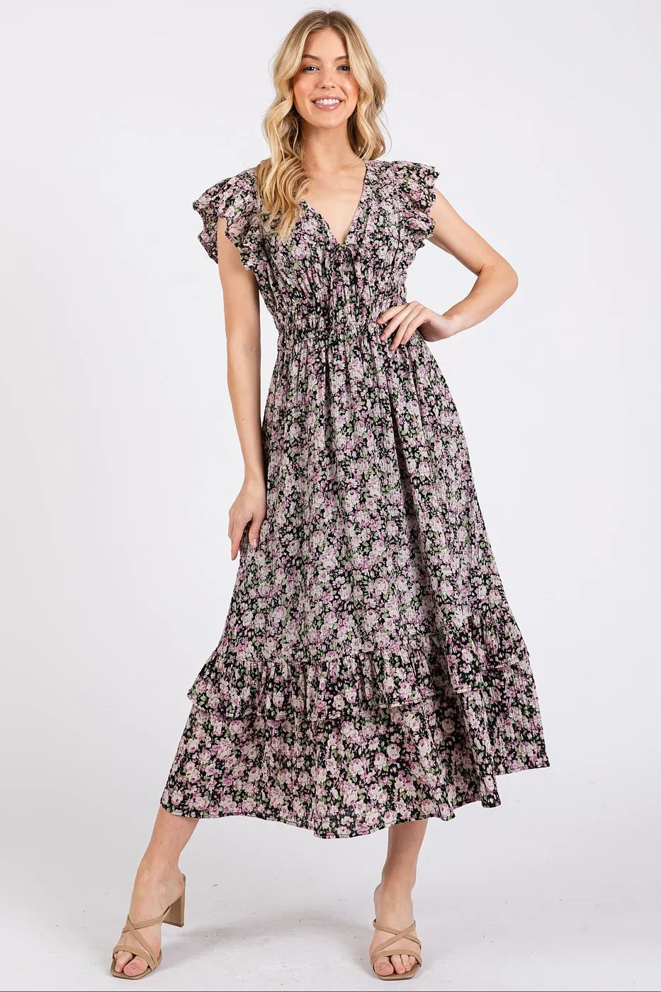 Mittoshop Flower Print Ruffle Cap Sleeve V-neck Midi Dress - Velora Luxury Fashion