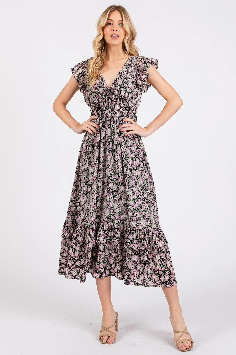 Mittoshop Flower Print Ruffle Cap Sleeve V-neck Midi Dress - Velora