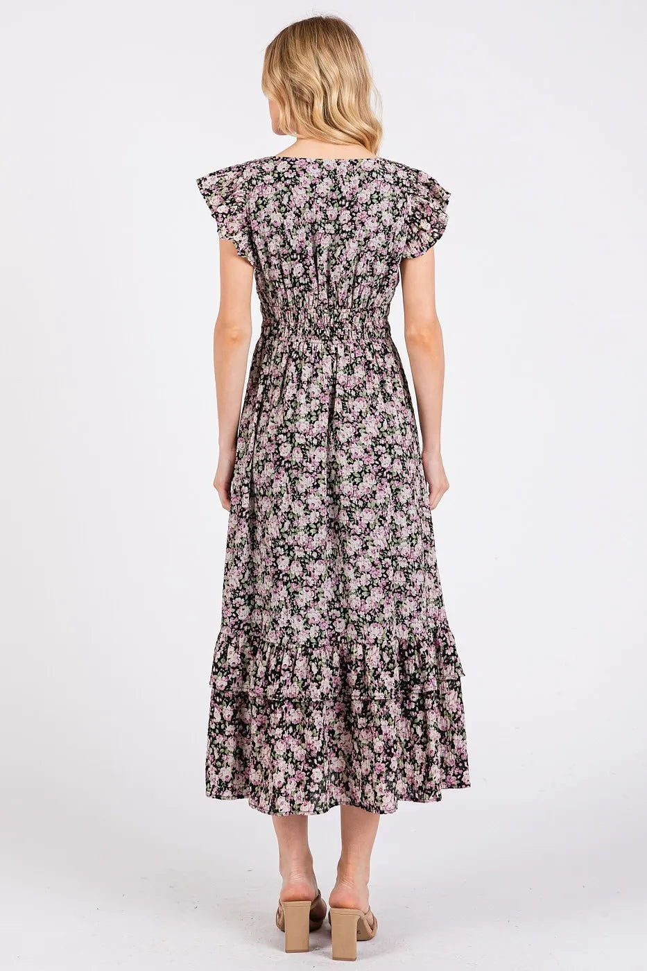 Mittoshop Flower Print Ruffle Cap Sleeve V-neck Midi Dress - Velora