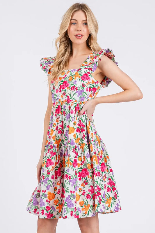 Mittoshop Flower Print Ruffle Shoulder A-line Mini Dress - Velora Luxury Fashion