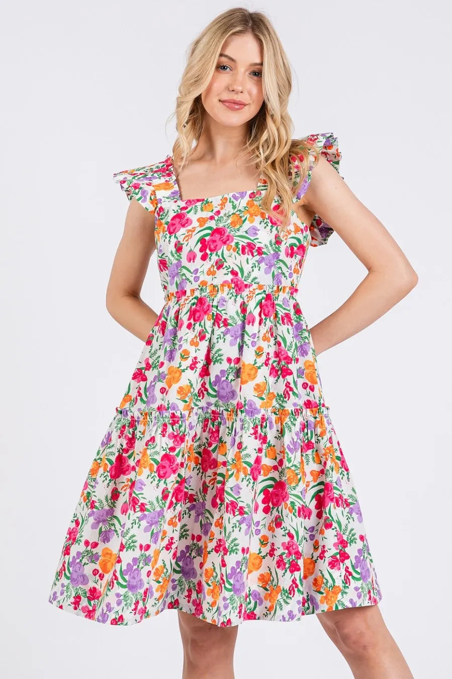 Mittoshop Flower Print Ruffle Shoulder A-line Mini Dress - Velora Luxury Fashion