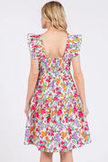 Mittoshop Flower Print Ruffle Shoulder A-line Mini Dress - Velora Luxury Fashion