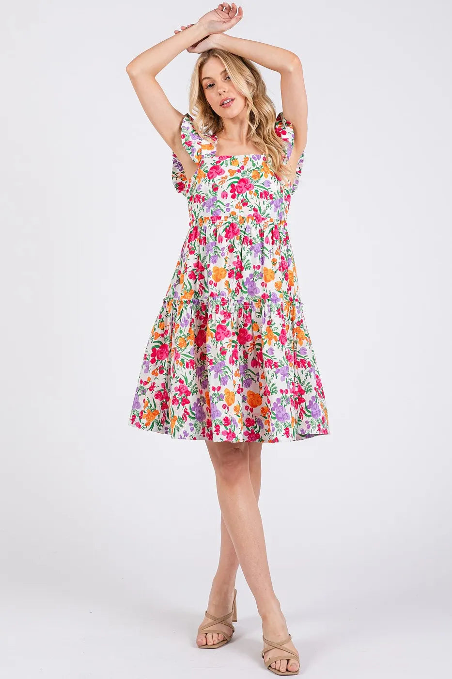 Mittoshop Flower Print Ruffle Shoulder A-line Mini Dress - Velora Luxury Fashion